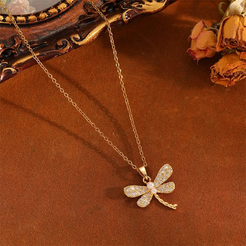 EILIECK 316L Stainless Steel Dragonfly Rhinestone Pearl Necklace Earrings Set For Women Trendy Gift Luxury Waterproof Jewelry