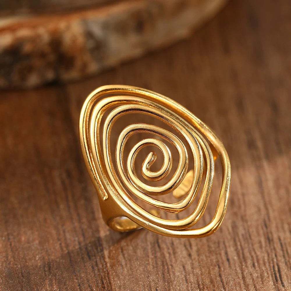 DOTIFI Stainless Steel Geometric Spiral Open Ring For Men And Women, Retro, Unique, Exaggerated Design Adjustable Ring Jewellery