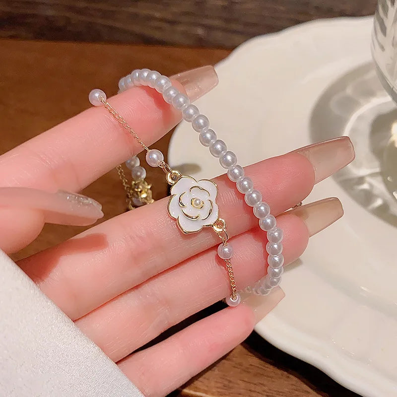 Vintage White Camellia Flower Bracelets for Women Elegant Double Layer Simulated Pearl Beads Chain Bracelet Jewelry Trend