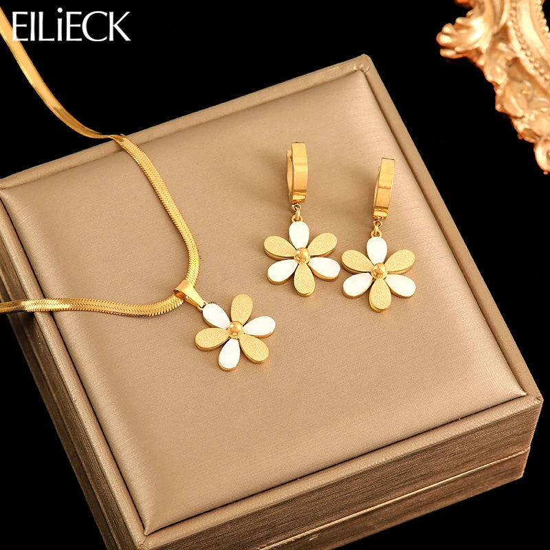 EILIECK Parure de bijoux exquise en acier inoxydable 316L, collier et boucles d'oreilles en forme de fleur, étanche, pour femme et fille, cadeau charmant