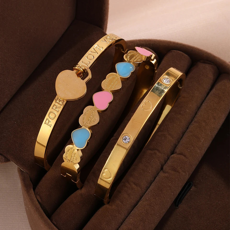 ChooseMe 3-Piece Stackable Stainless Steel Heart Elements Waterproof Bangle Set