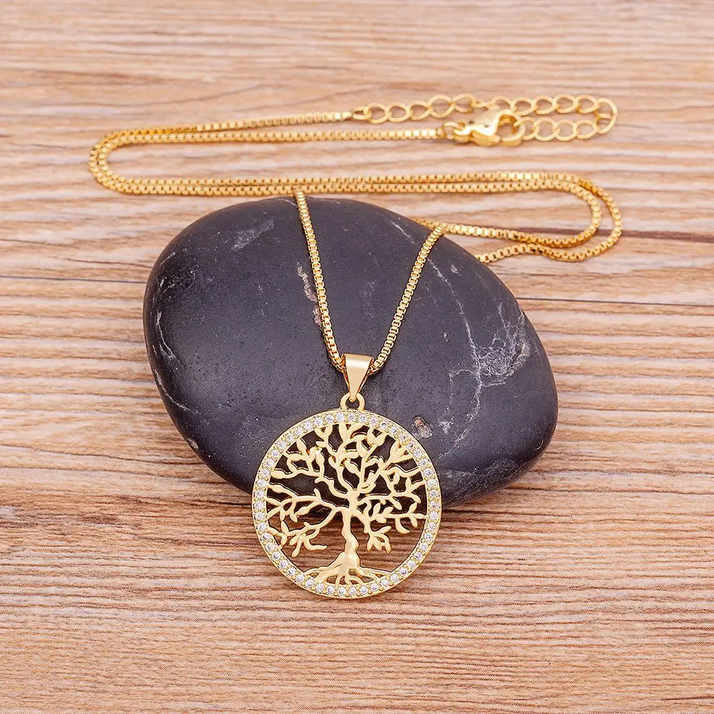Nidin Nouvelle Arrivée Mode Classique Arbre de Vie Plaqué Or Cristal Colliers & Pendentifs Femmes Zircon Chaîne Bijoux Collier Femme