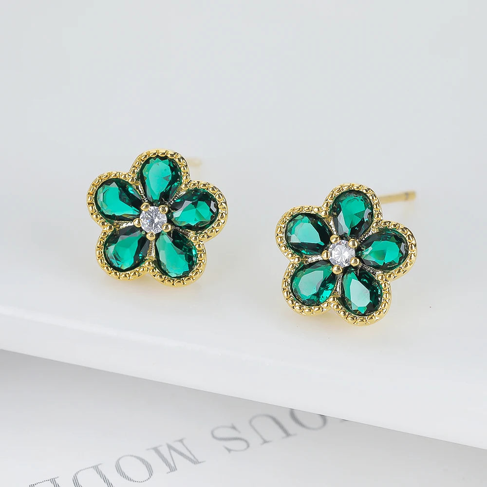 2PC Glass Crystal New Sweet Pendant Necklace Earrings Plum Blossom Five Leaf Flower Luxury Plant Women's Gift Clover