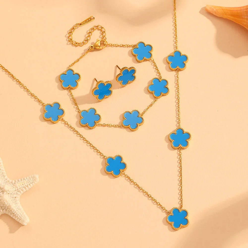 Women's Trendy 18K Gold Plated Jewelry Set  Five Leaf Clover Necklace Bracelet Earrings Stainless Steel Jewelry Para Mujer