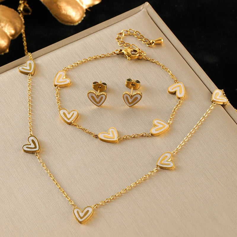 EILIECK 316L Stainless Steel Creative Heart Necklace Bracelet Earrings Set For Women Fashion Gold Color Waterproof Jewelry Gift
