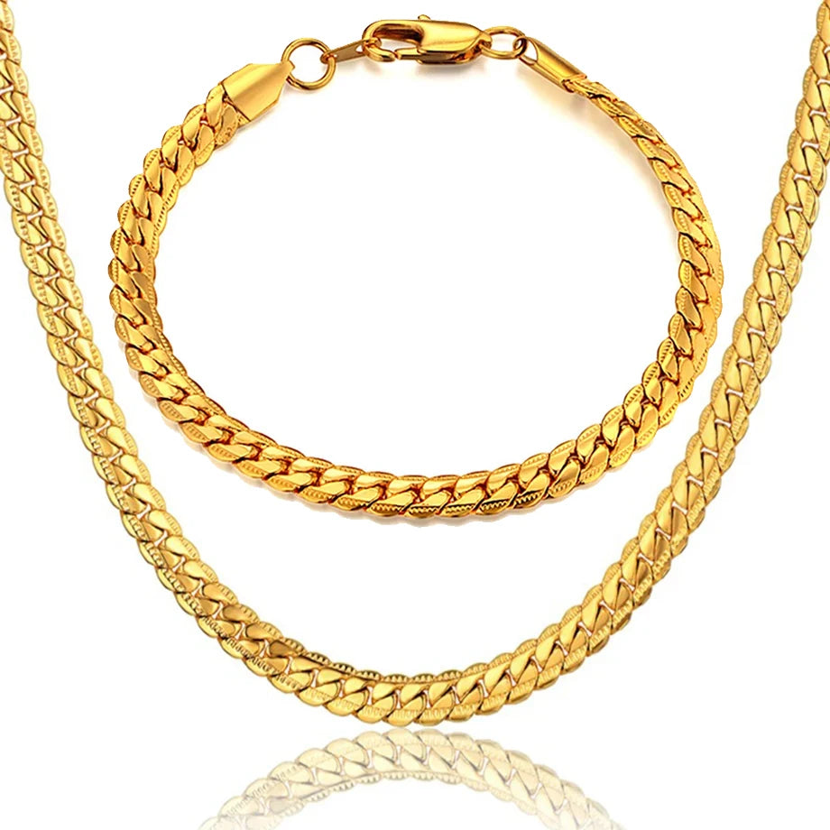 Gold Silver Color Stainless Steel 6mm Snake Chain Bracelets Neckalce For Women Men Fashion Party Wedding Jewelry Sets Gifts
