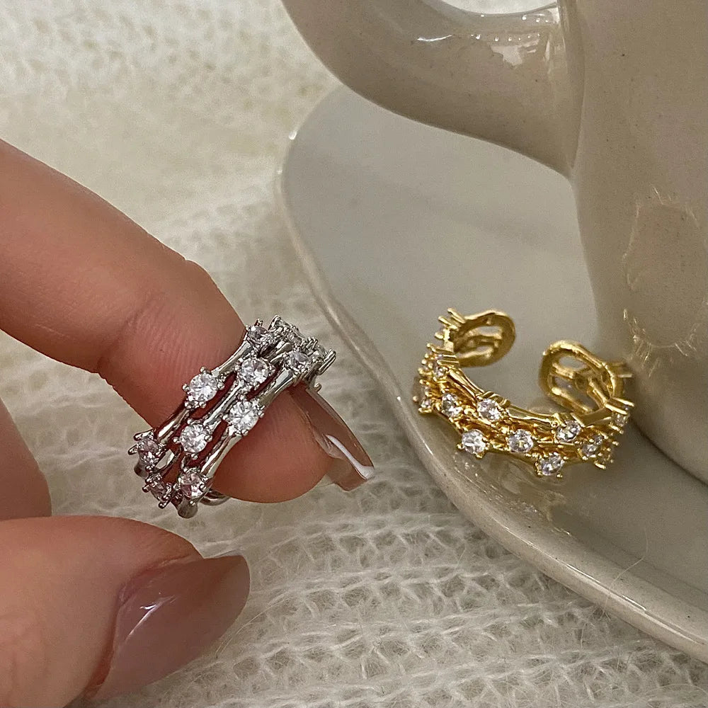 Exquisite Three-Layer Clear Zirconia Shiny CZ Open Ring