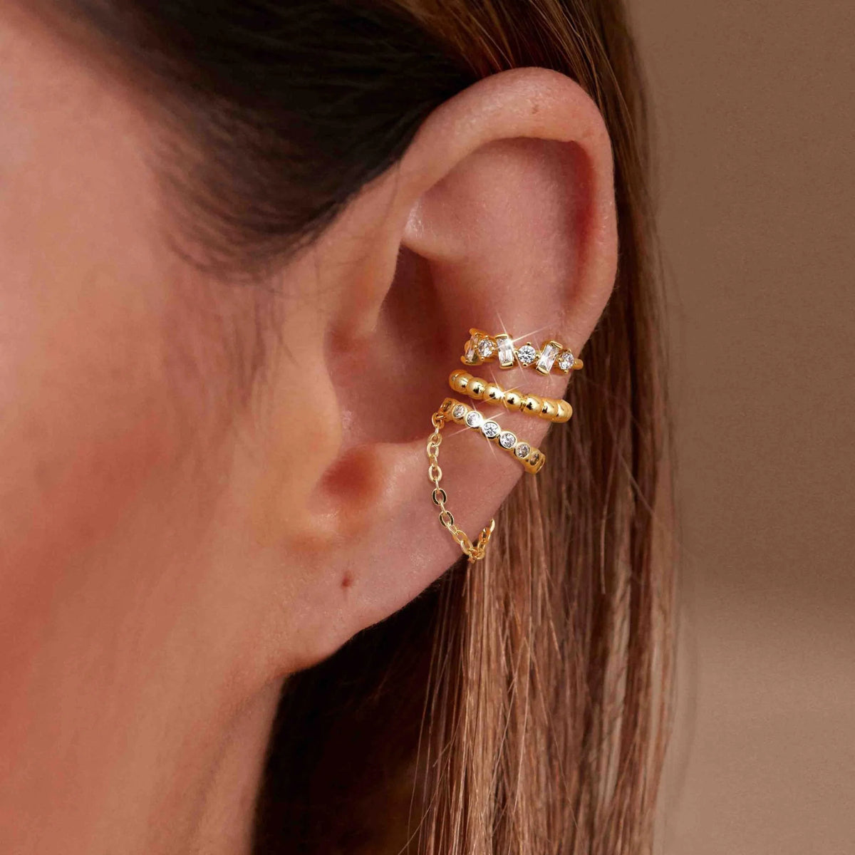 Dainty Zircon Gold-Plated Chain Ear Cuff Set, 3 Pcs/Set