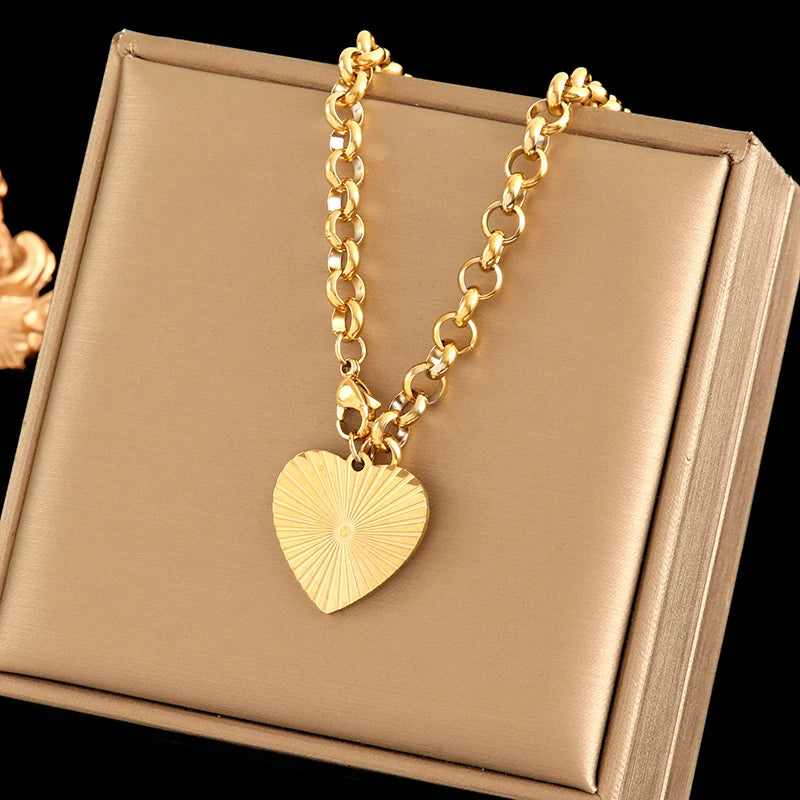 EILIECK 316L Stainless Steel Metal Gold Color Heart Chain Collar Necklace For Women Trendy Waterproof Neck Chain Jewelry Gift