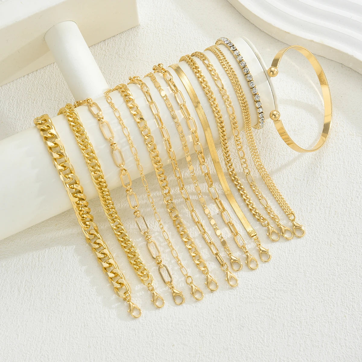 Elegant Minimalist Vintage Rhinestone & Twist Metal Chain Bracelet Set, 14 Pcs/Set