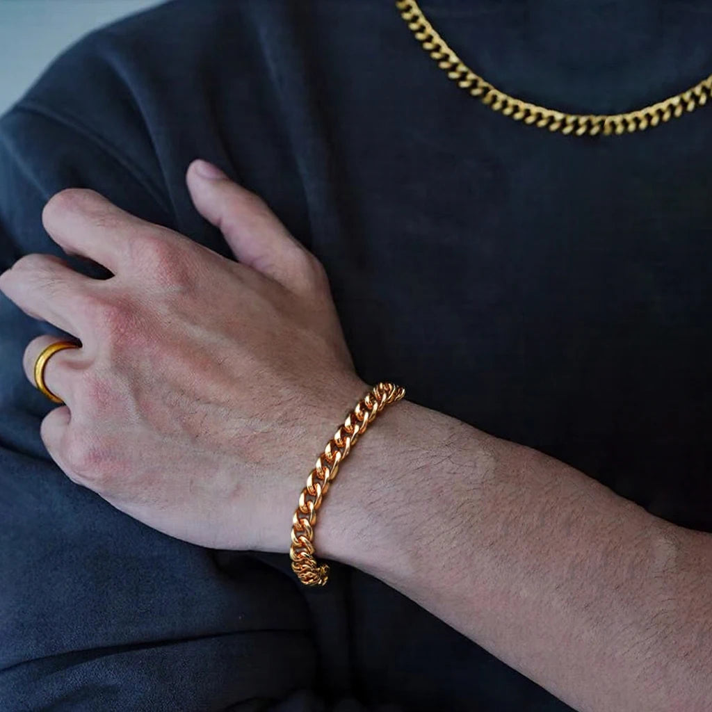 Hiphot Bracelet chaîne cubaine gourmette en acier inoxydable pour hommes, couleur or simple, bracelet chaîne pour hommes, bijoux de poignet unisexe, cadeau