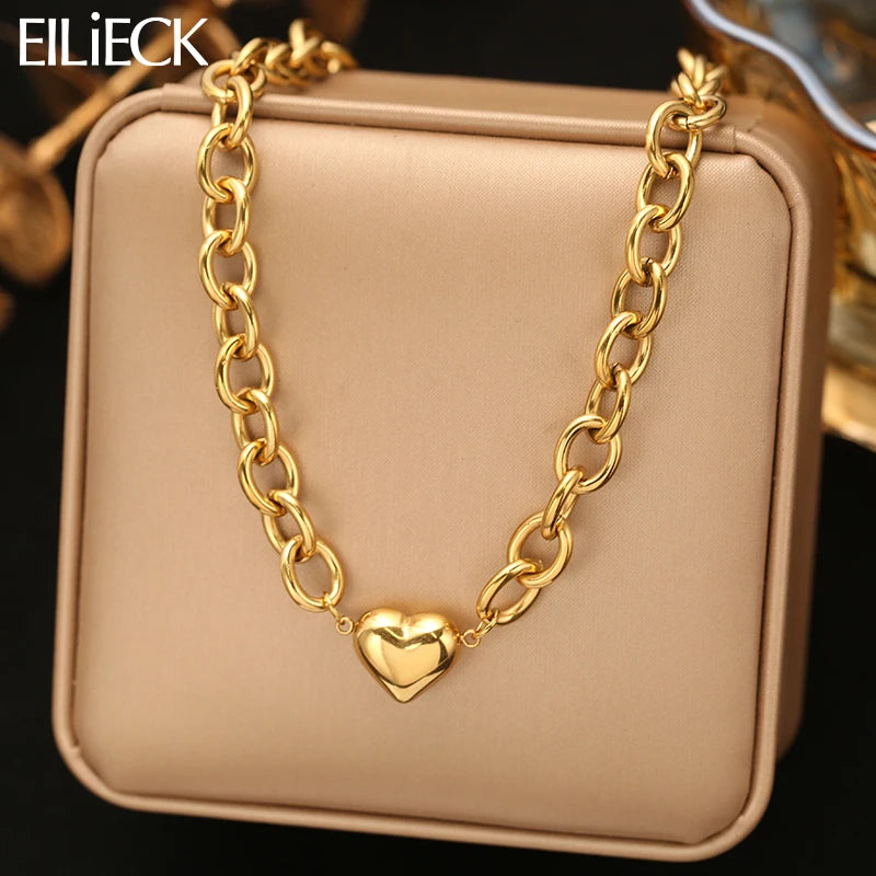 EILIECK 316L Stainless Steel Metal Gold Color Heart Chain Collar Necklace For Women Trendy Waterproof Neck Chain Jewelry Gift