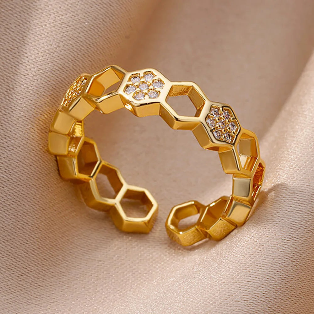 Gold-Plated Stainless Steel Crystal & Geometric Chain Ring