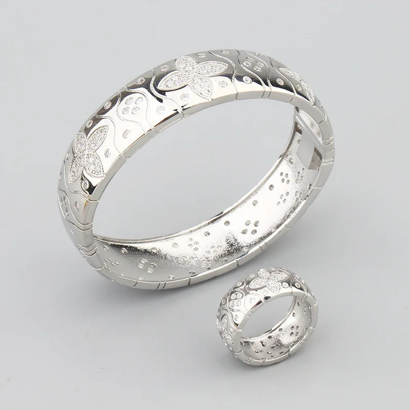 Fashion Jewelry  Set Luxury Geometry Cubic Ziron Bracelet Engagement Bridal Finger Ring copper Lady Gift