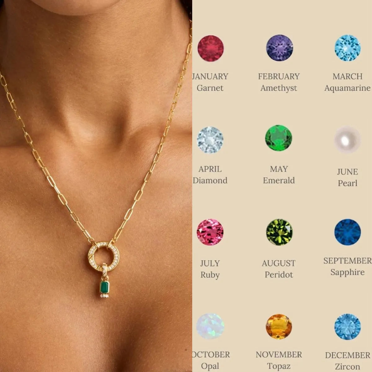 12 Month Birthdate Stone Pendant Necklace for Women Stainless Steel Paper Clip Chain Multicolored Zircon Choker Birthday Gifts