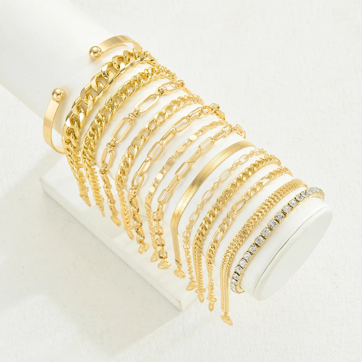 Elegant Minimalist Vintage Rhinestone & Twist Metal Chain Bracelet Set, 14 Pcs/Set