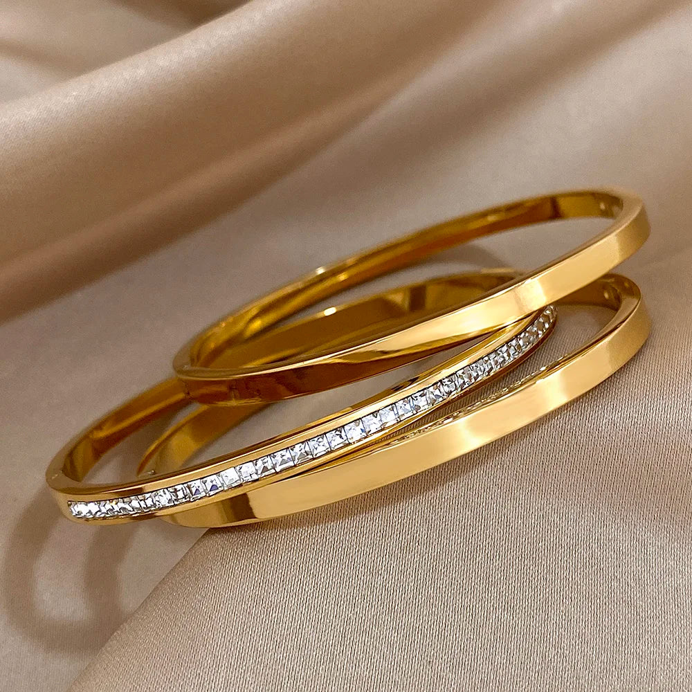 3pcs Glossy Rhinestone Stainless Steel Waterproof Bangle Bracelet