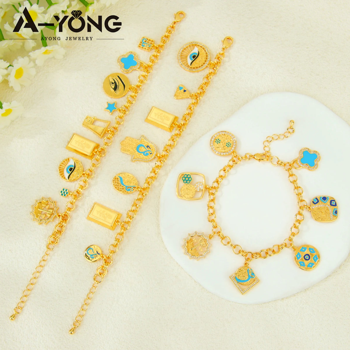 Arabic Fashion 21k Gold Plated Italian Islamic Charm Bracelet