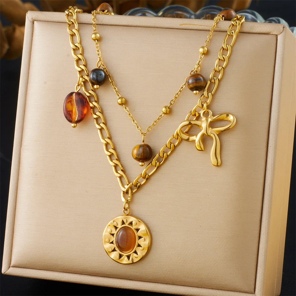 DIEYURO 316L Stainless Steel Golden Heart Sun Multiple Pendants Necklace Women New Fashion Marine Style Neck Chain Jewelry Gift