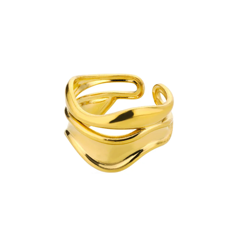 316L Stainless Steel Gold-Color Multilayer Geometric Open Ring