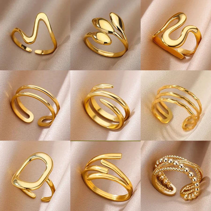 316L Stainless Steel Gold-Color Multilayer Geometric Open Ring