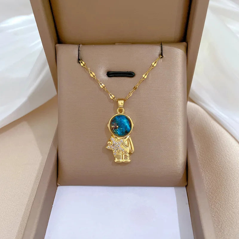 Light Luxury Titanium Steel Star Series Planet, Moon & Astronaut Pendant Necklace