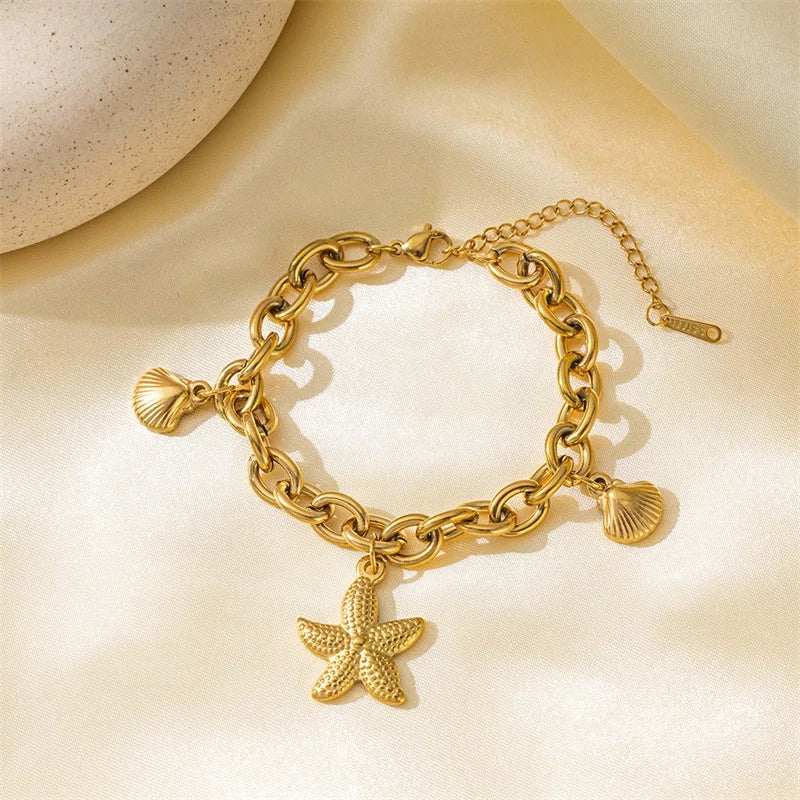 EILIECK 316L Acier inoxydable Couleur or Étoile de mer Lune Étoile Breloque Bracelet Pour Femme Nouvelle Chaîne de poignet tendance Bijou Cadeau Fête