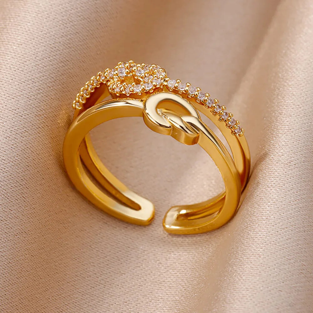 Gold-Plated Stainless Steel Crystal & Geometric Chain Ring