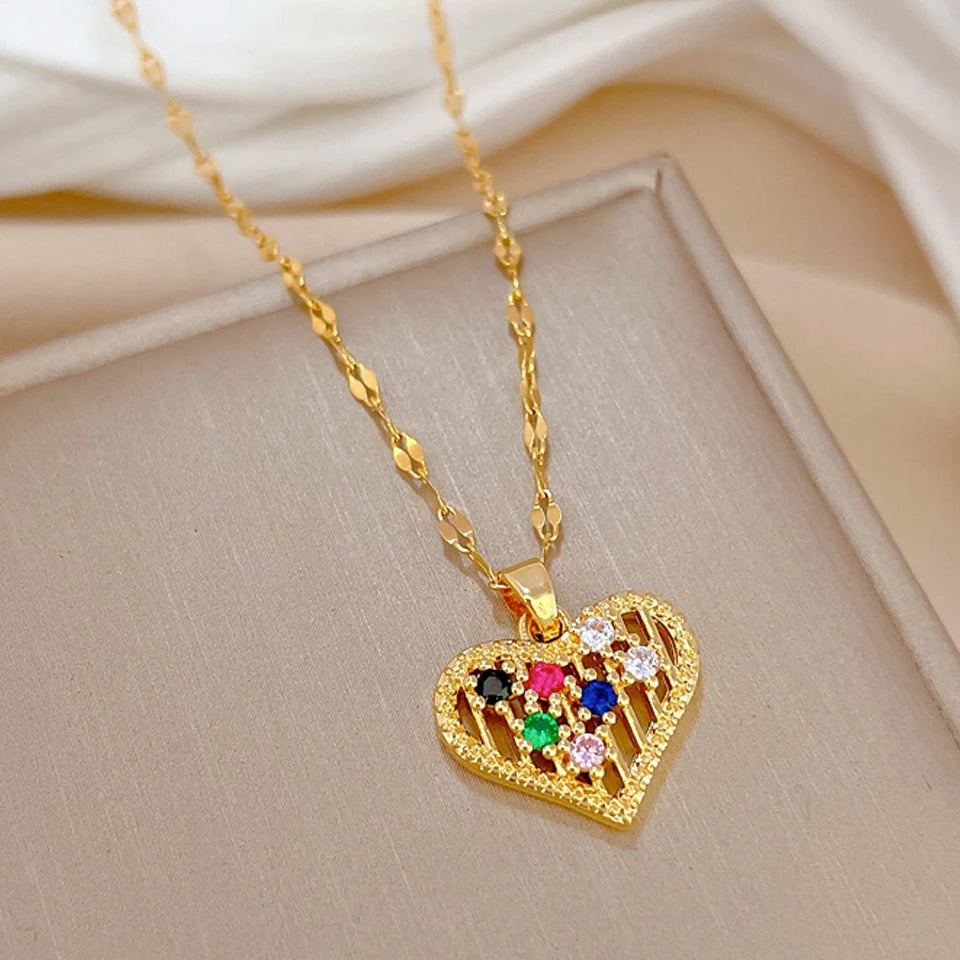 Classic Gold-Color Stainless Steel Shiny Zircon Geometric Heart Pendant Necklace