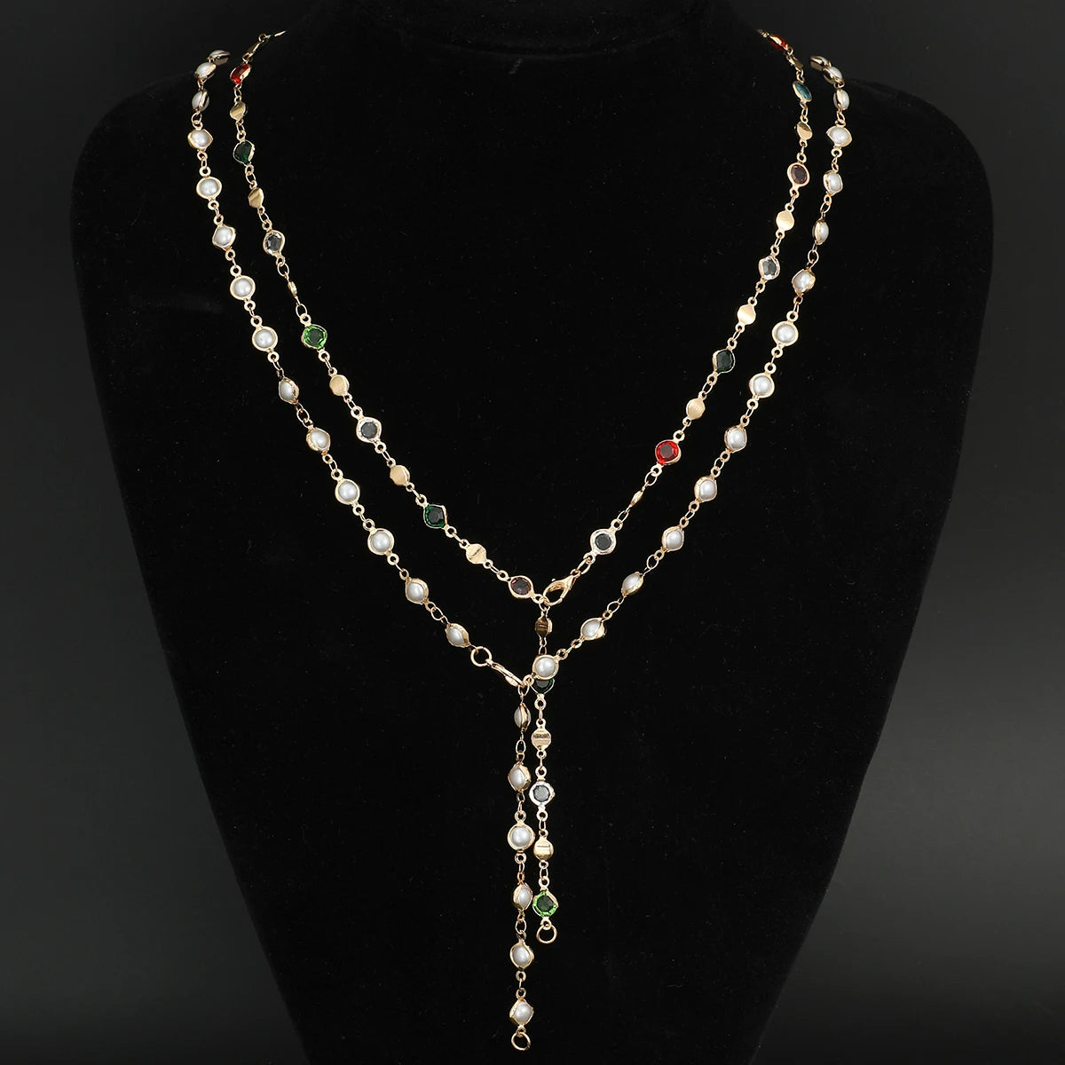 Vintage Faux Pearl & Crystal Tassel Y-Necklace Set, 2 Pcs/Set