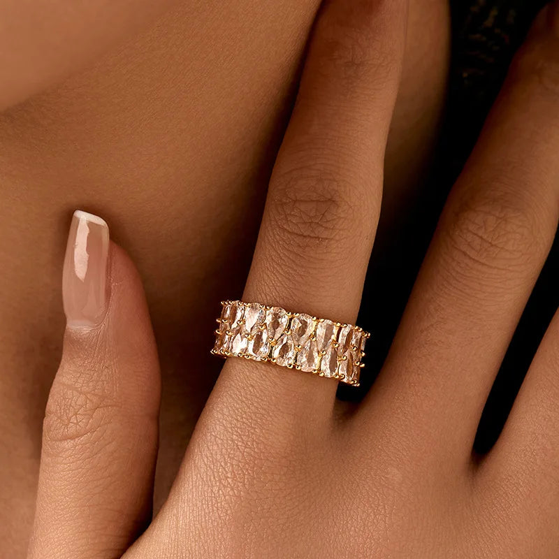 Personalized 18k Gold Plated Exquisite Zircon Ring with Opening Design European American Style Elegant Women Finger Ring