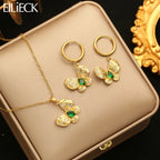EILIECK Acier Inoxydable 316L Papillon Vert Zircon Pendentif Collier Boucles d'Oreilles Ensemble pour Femme Cadeau Tendance Bijoux de Luxe Étanche