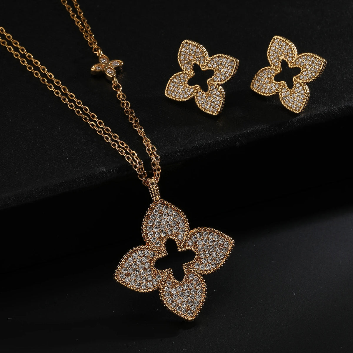 Trendy 18K Gold Plated CZ Hollow Clover Jewelry Set - Statement Necklace with Matching Stud Earrings