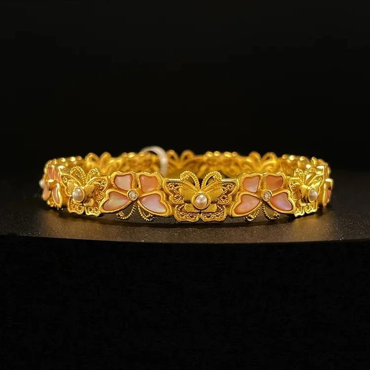 Light Luxury 24K real gold Ancient Flowers Butterfly Maiden Necklace Ring bracelet 999 Gold Princess set with jade Chopin chain