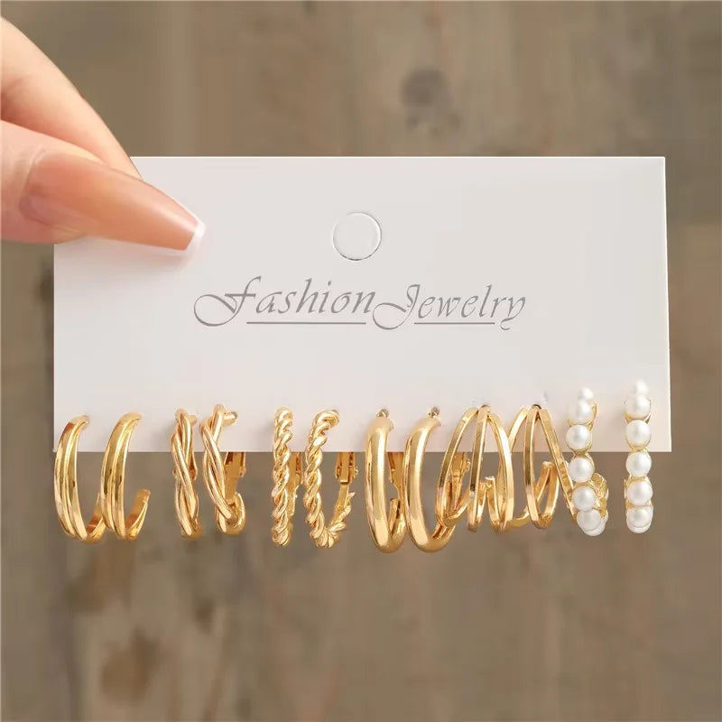 Gold Pearl Geometric Hoop Earrings