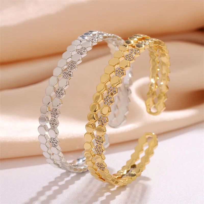 Titanium Steel Gold-Plated Sparkling Zircon Cuff Bangle