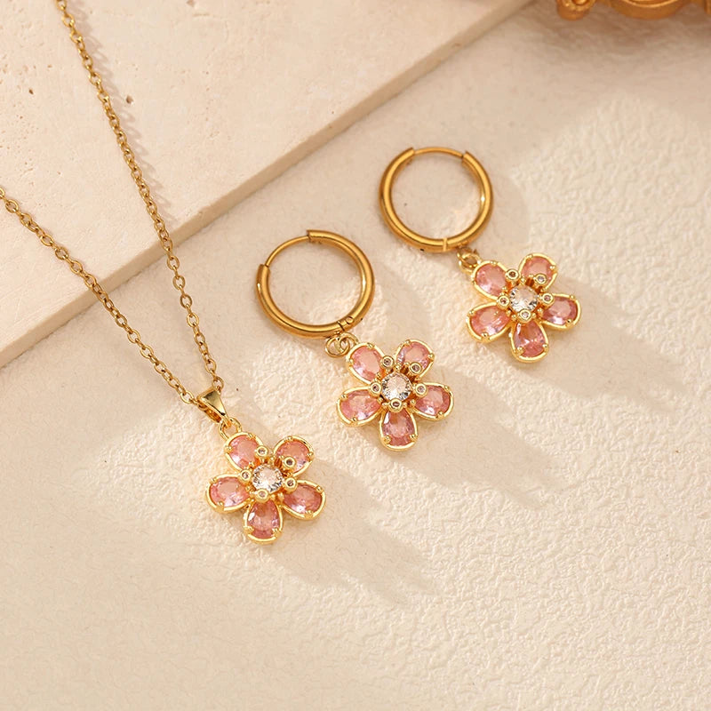 EILIECK Shiny Cubic Zirconia Flowers Luxury Necklace Earrings Gold Color Platinum Plated Temperament Waterproof Jewelry New
