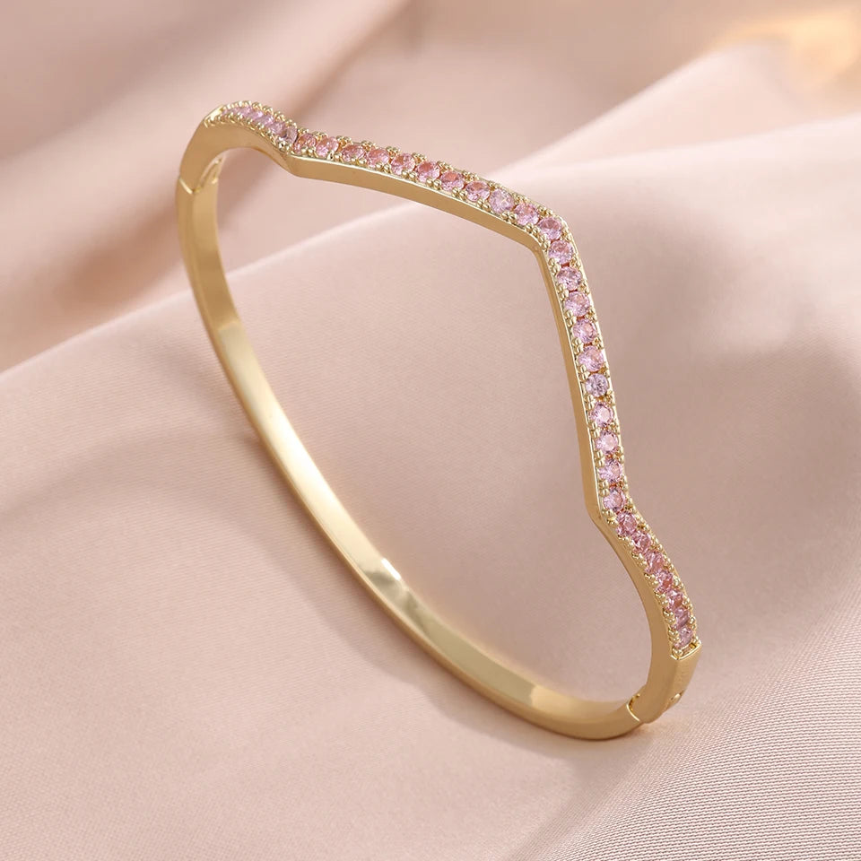 ZAKOL 4 Colors Blue Turquoise Round CZ Zircon Inlaid Bracelet for Women Wavy Slim Bangles Trendy Exquisite Jewelry Gifts