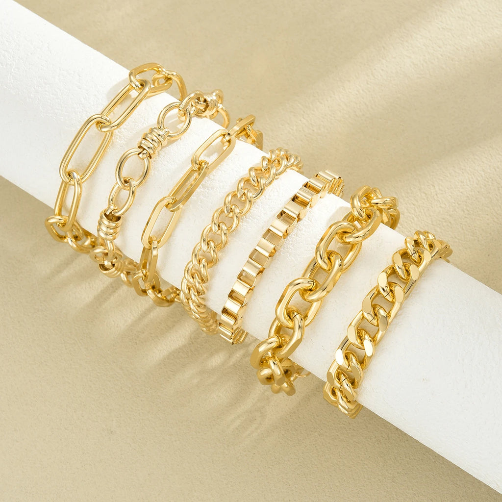ChooseMey 7Pcs Simple Metal Snake & Twisted Link Chain Bracelet Set