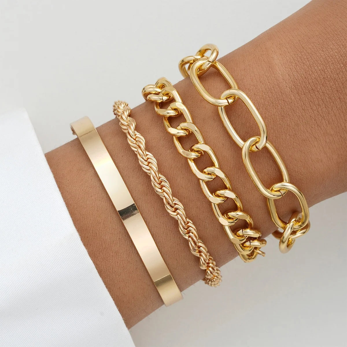 Simple Punk Chunky Chain & Dainty Boho Charm Bracelet Set, 4 Pcs/Set
