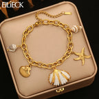 EILIECK 316L Stainless Steel Beach-Style Shells Starfish Bracelet Bangle For Women Trendy Waterproof Hand Chain Jewelry Gift