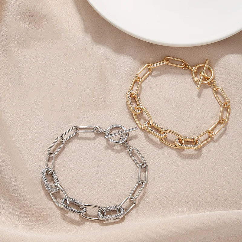 Vintage Simple Hollow Out Zircon Oval Chain Metal Bracelet Set for Woman Fashion Accessories Personalization Punk Charm Jewelry