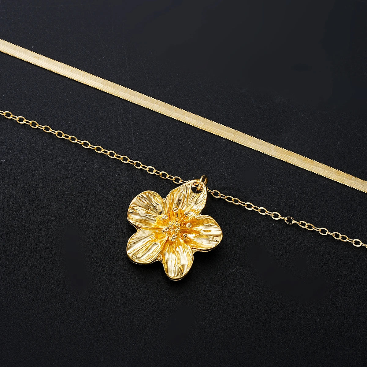 Retro Gold Color Flower & Snake Chain Necklace Set, 2 Pcs/Set