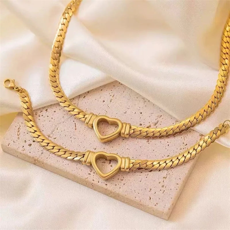 EILIECK 316L Stainless Steel Hollow Heart Necklace Bracelet Set Minimalist Metal Texture Women Water Resistant Jewelry Lady Gift