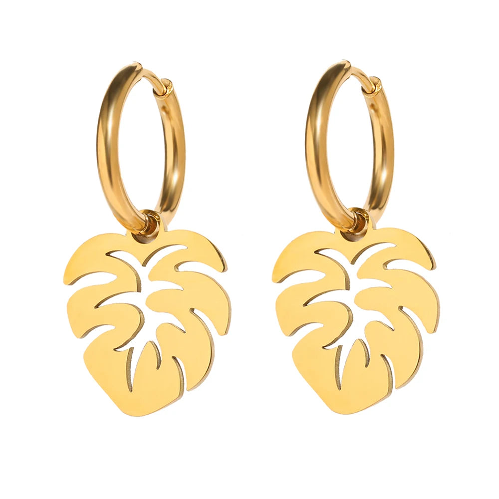 Stainless Steel Earrings Bohemian Tropical Plant Leaves Pendants Retro Glossy Aesthetic Hoop Earrings For Women Jewelry Girl New