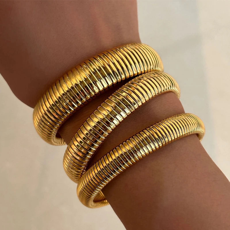 Vintage Gold Chunky Thick Metal Wide Stretch Bangle Bracelet Set