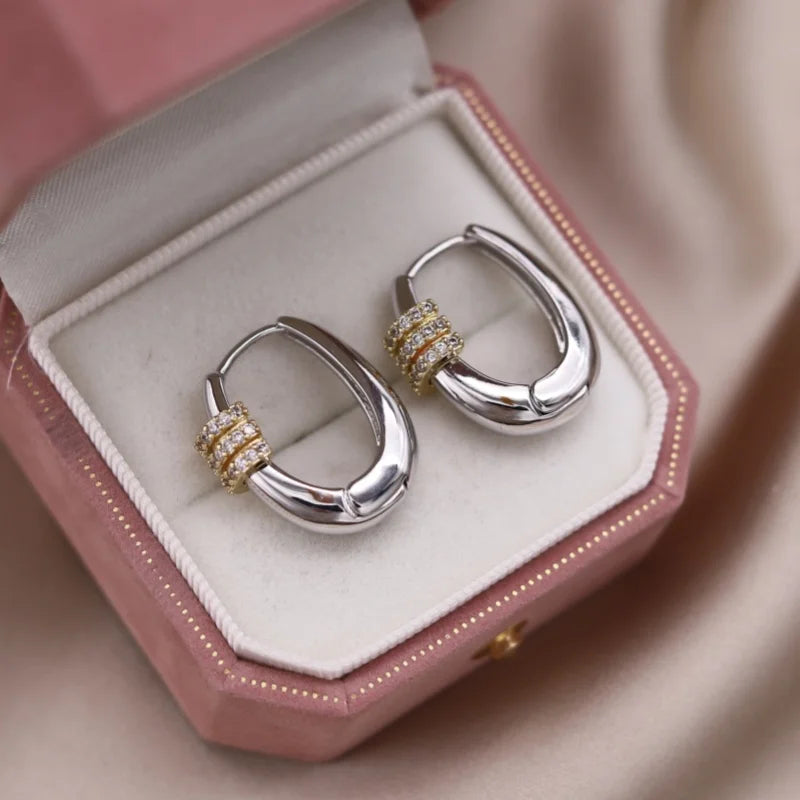 French Two-Tone Geometric Water-Drop Zircon Earrings