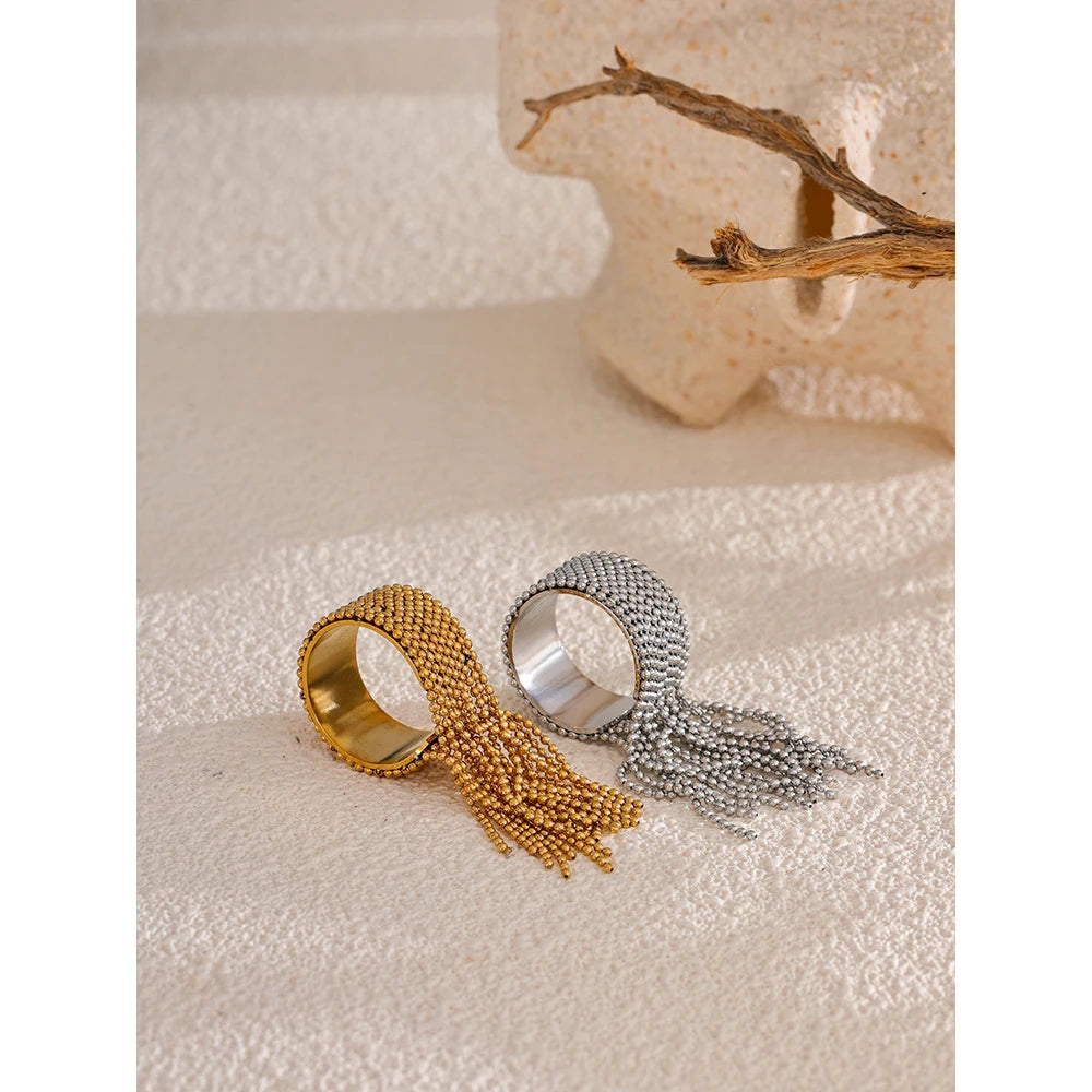 Bague de doigt réglable en acier inoxydable Yhpup avec chaîne et pompon, plaqué or 18 carats PVD, breloque de haute qualité, bijoux dorés élégants
