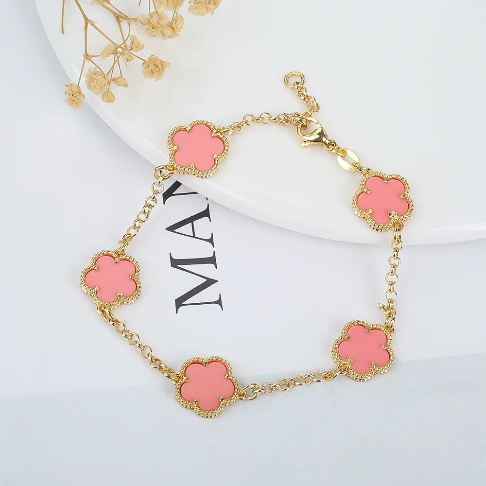 Hot Sale 14 Colors Five-Leaf Flower Set Bracelet Necklace Classic Simple Women Jewelry Set Suitable For Daily Party Wear Clover