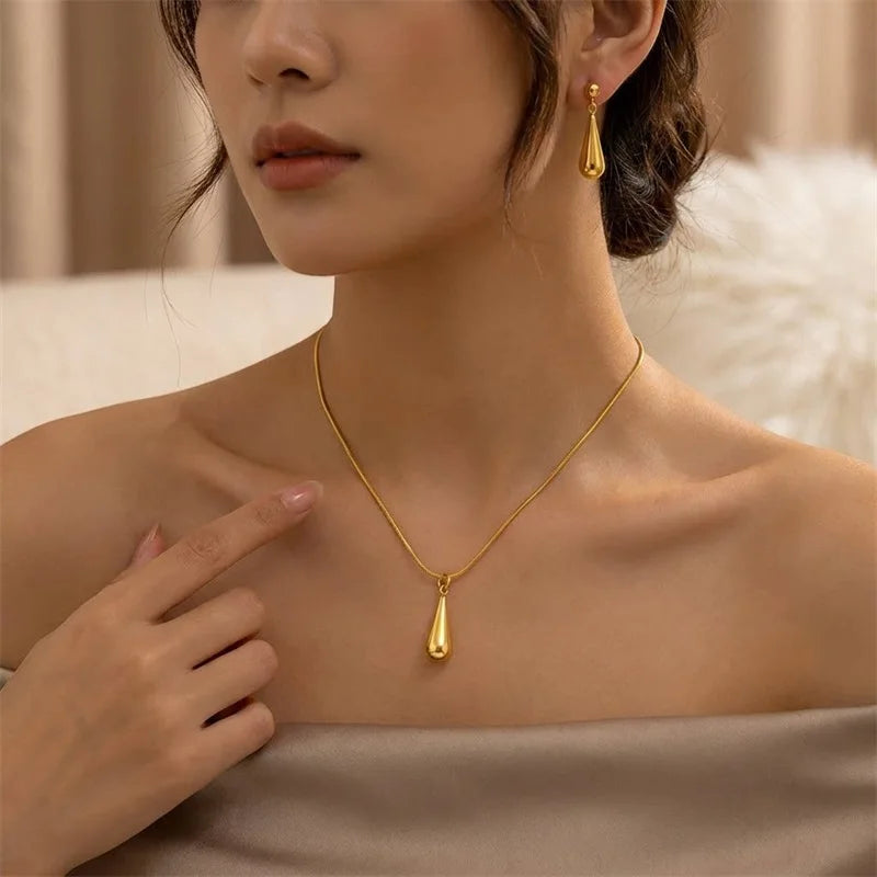 EILIECK 316L Stainless Steel Gold Color Teardrop Tassel Necklace Earrings For Women New Gift Hypoallergenic Waterproof Jewelry